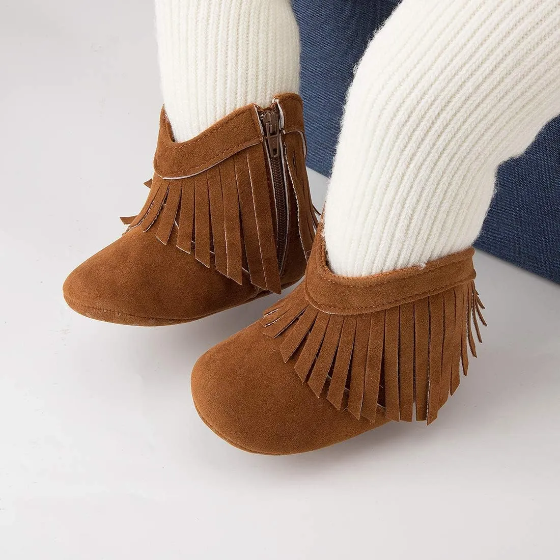 Sawimlgy Infant Baby Boys Girls Plush Winter Snow Boots Cowboy Tassels Bowknot Ankle Side Zipper Soft Sole Boots Toddler Newborn Warm First Walker Crib Outdoor Shoes