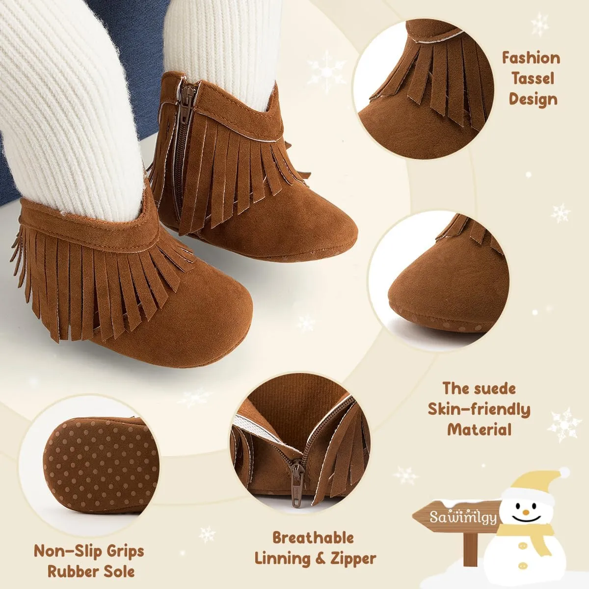 Sawimlgy Infant Baby Boys Girls Plush Winter Snow Boots Cowboy Tassels Bowknot Ankle Side Zipper Soft Sole Boots Toddler Newborn Warm First Walker Crib Outdoor Shoes