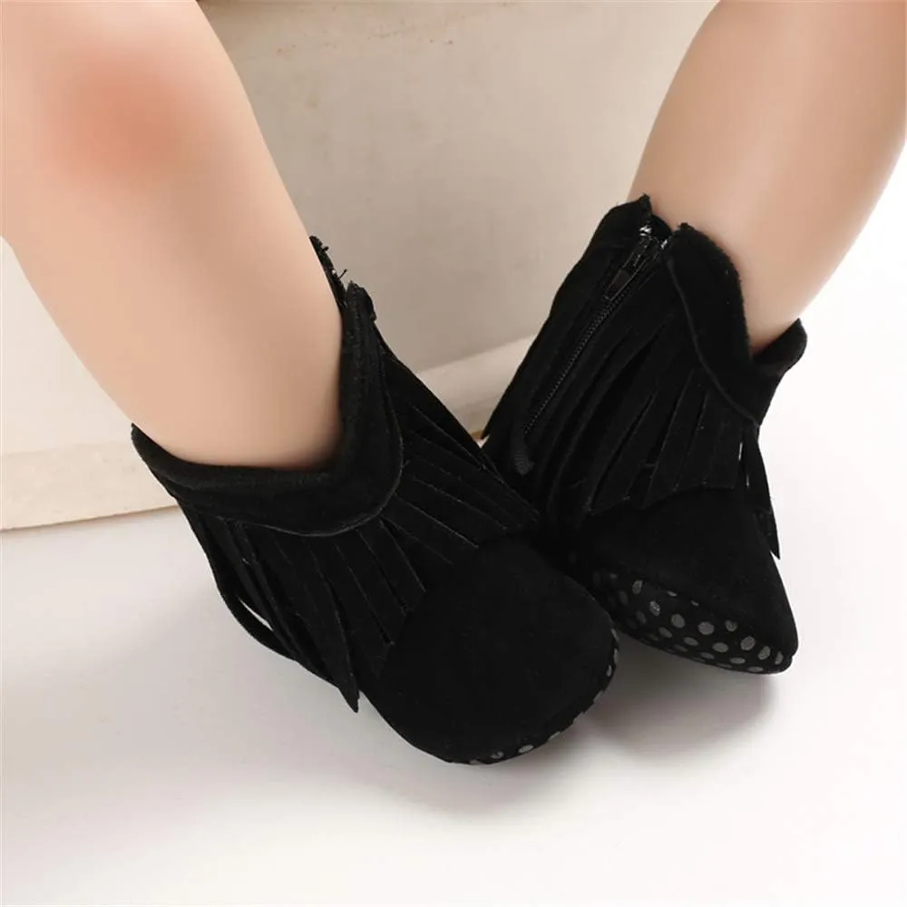 SOFMUO Baby Girls Cowboy Tassel Boots with Side Zipper Moccasins Non Slip Infant Booties Suede Toddler First Walker Shoes
