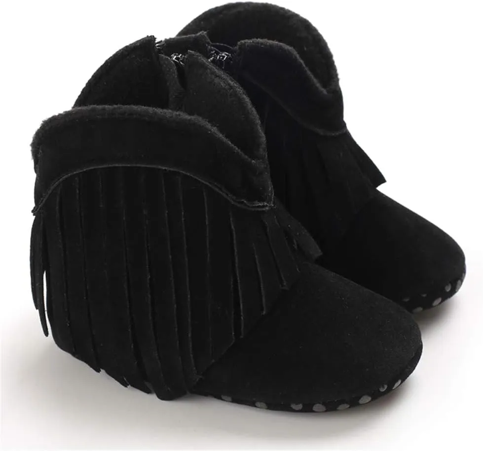 SOFMUO Baby Girls Cowboy Tassel Boots with Side Zipper Moccasins Non Slip Infant Booties Suede Toddler First Walker Shoes