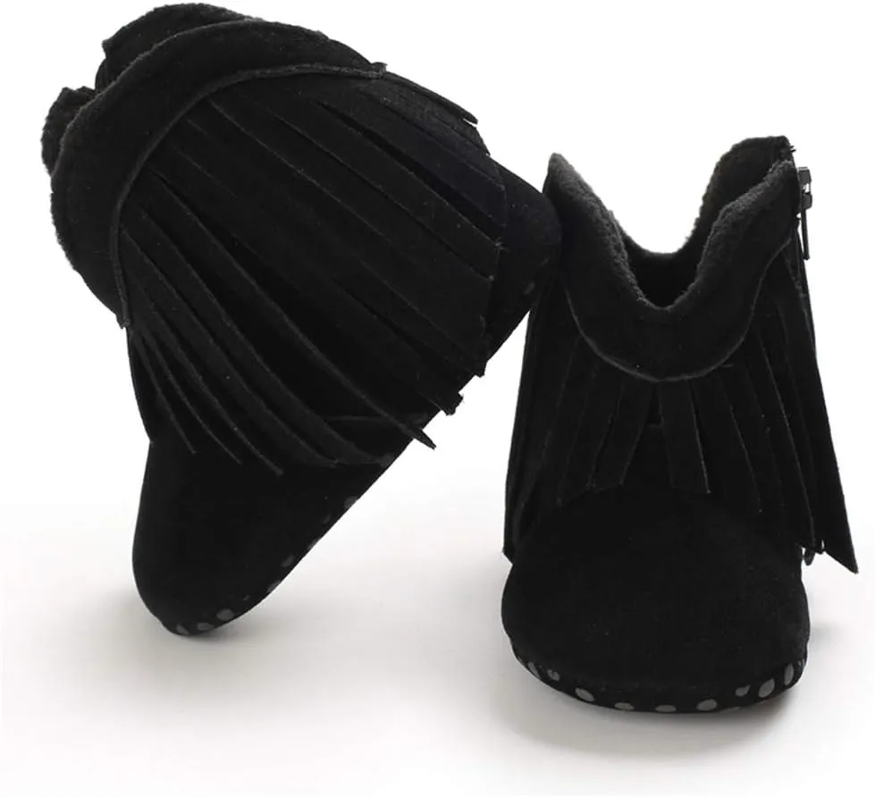 SOFMUO Baby Girls Cowboy Tassel Boots with Side Zipper Moccasins Non Slip Infant Booties Suede Toddler First Walker Shoes
