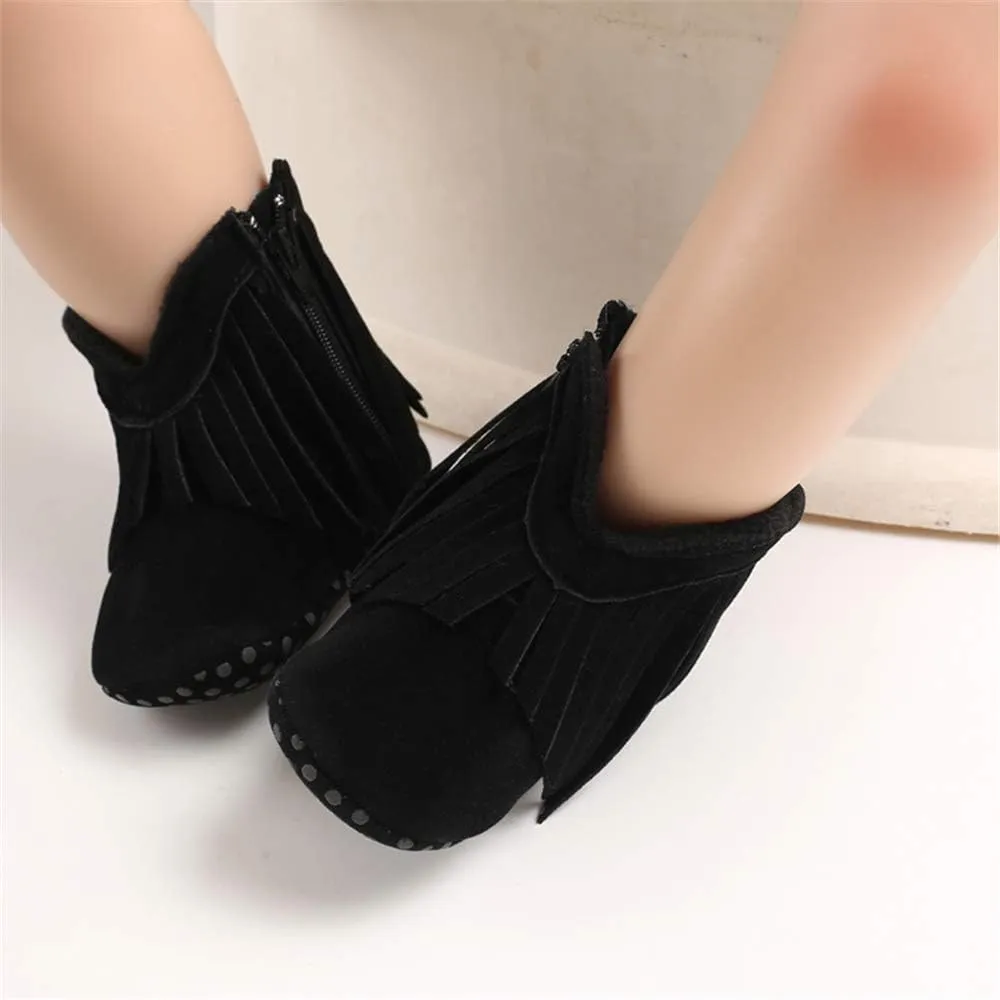 SOFMUO Baby Girls Cowboy Tassel Boots with Side Zipper Moccasins Non Slip Infant Booties Suede Toddler First Walker Shoes