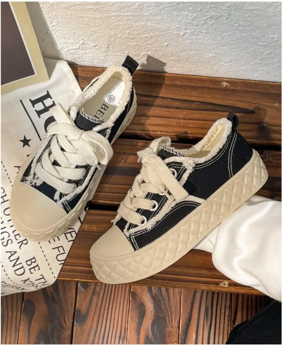 Y2K Canvas Sneakers for Women Breathable Flat Lace Up Round Toe Shoes for Walking Running Casual Wear Spring Summer Skating Versatile Design